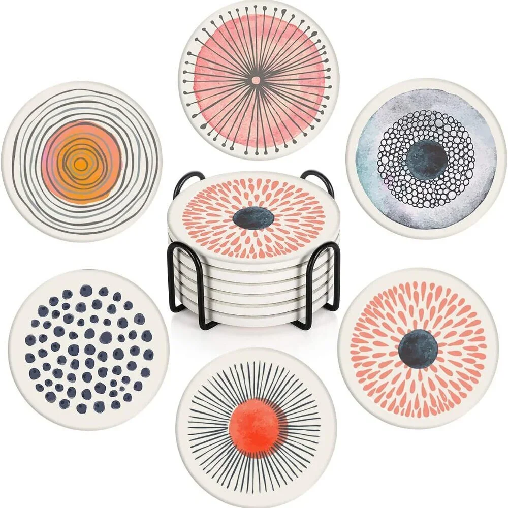 Coaster for Drinks Set of 6, Watercolor Doodle Circles Flower Absorbent Round Ce